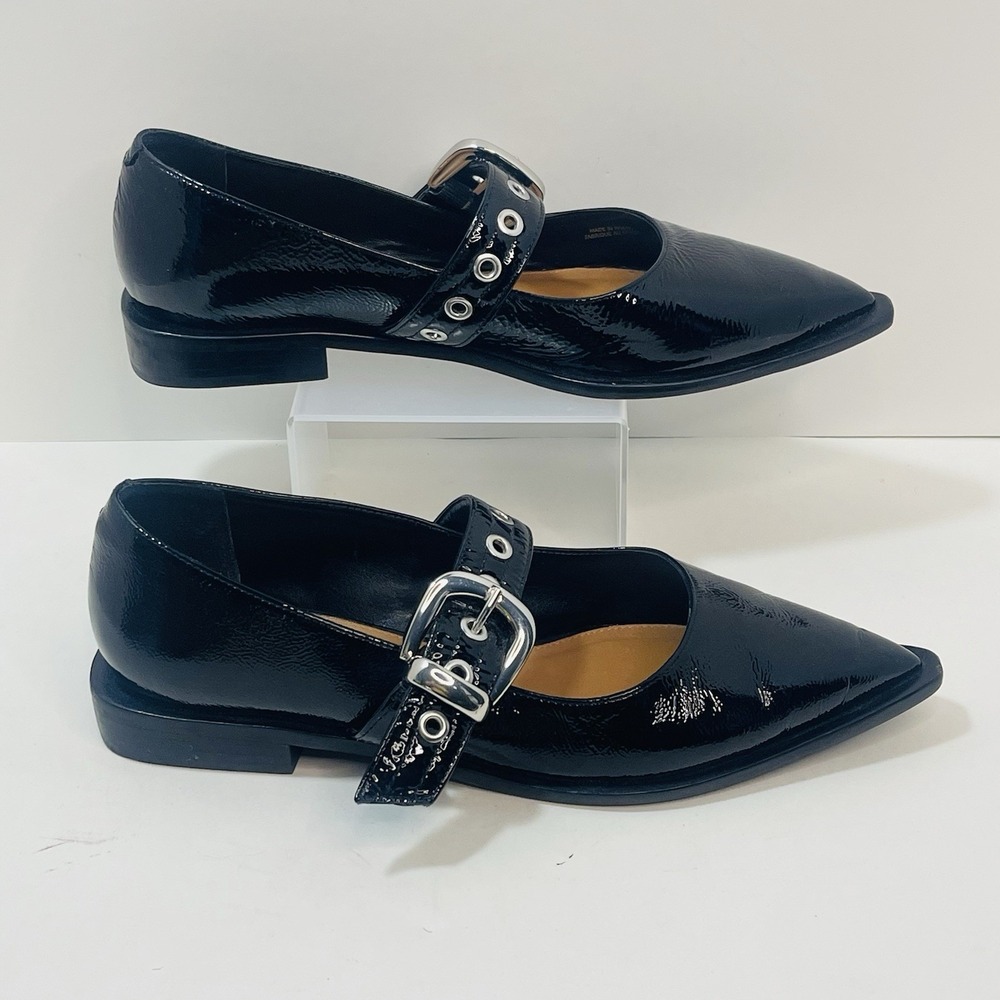 Maeve Pointed-Toe Moto Mary Jane Flats Black Patent Leather – Size 40  US 9-9.5 - Picture 7 of 9